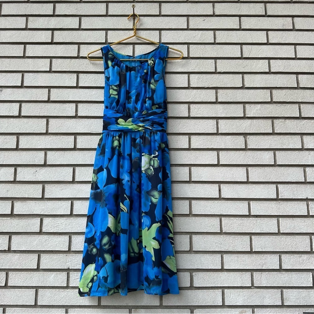 Adrianna Papell Blue Green Floral Midi Dress Size 8 Sleeveless Chiffon Tie Back